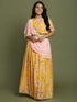 Girl's Yellow Floral Print Crop Top & Lehenga Set With Dupatta